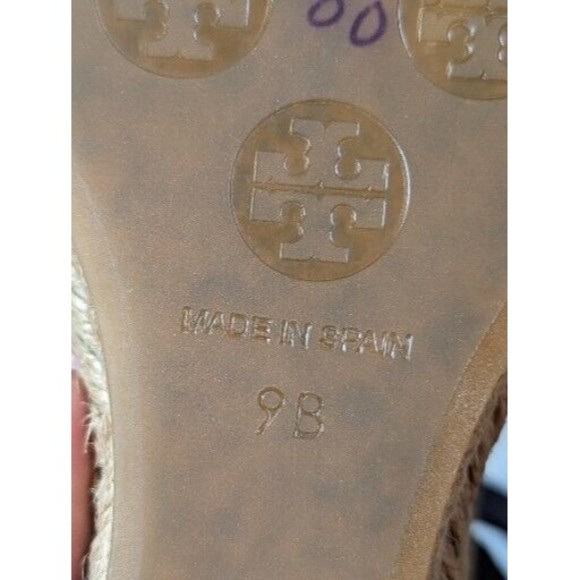 TORY BURCH Orange Blue Canvas Leather Espadrille Criss Cross Strappy Wedge Heels - Picture 12 of 12